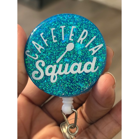 Handmade Other - Cafeteria Squad Retractable Badge Reel Teal Glitter Lunchroom ID Holder Clip